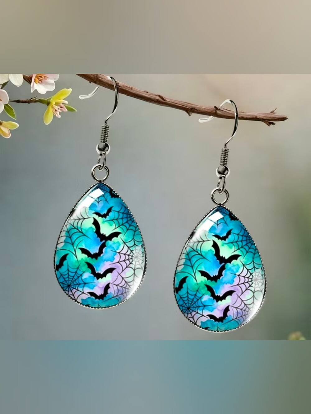 $8 Each Or Bundle 5/$20 Teardrop Bat & Spiderweb Dangle Earrings in Teal Blue